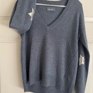 Zadig & Voltaire Gray/Blue V-Neck Sweater with Star Patches